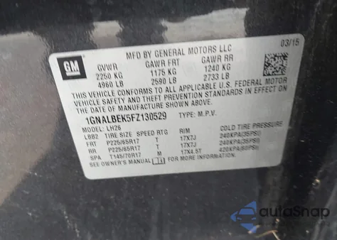 2015 Chevrolet Equinox 1Lt z USA, uszkodzony, nr VIN 1GNALBEK5FZ130529